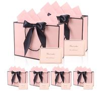 XIAQICA Sac Cadeau Rose 6 Sachet Cadeau en Papier + 6 Cartes + 6 Mouchoirs, Sacs Cadeaux 28 x 20 x 10 cm Pochette Cadeau avec Poignée et Arc Gift Bag pour Mariage, Fête, Anniversaire