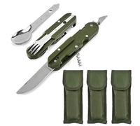 Xiciki 3 Pièces Vaisselle Pliante en Acier Inoxydable 5 en 1, Kit Couvert Camping Multifonction, Pliable Assembler Couteau Fourchette pour la Randonnée en Plein Air Pique-Nique Voyage