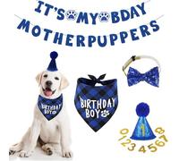 Xiciki Décorations d'anniversaire pour chien - Chapeau d'anniversaire pour chien avec bandana et nœud papillon, bannière « It's My Bday Mother Puppers » pour fournitures de fête pour animaux de