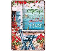 Xiddxu Panneau en étain vintage avec colibri « Start Each Day with A Grateful Heart » - Décoration murale vintage chic en métal - Cadeau pour jardin, cour, fête, extérieur - 14 x 20 cm