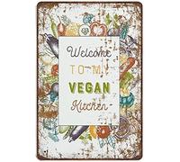 Xiddxu Plaque en métal rétro « Welcome to My Vegan Kitchen » - Décoration murale vintage - Panneau fantaisie pour la maison, la cuisine, le café, le bar, la grotte - Décoration murale vintage - 14 x