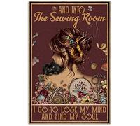 Xiddxu Plaque en métal vintage avec inscription « and Into The Sewing Room » - Motif chat noir - Décoration murale - 14 x 20 cm