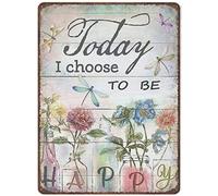 Xiddxu Plaque murale en aluminium vintage en métal, plaque en étain, plaque « Today I Choose to Be Happy » - Fleur et libellule - Décoration d'intérieur - 20,3 x 30,5 cm