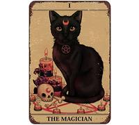 Xiddxu Plaque murale vintage en métal avec motif chat noir The Magician Tarot Card - Décoration murale rustique en métal - Décoration murale rétro - Décoration d'intérieur, garage, cuisine, bar