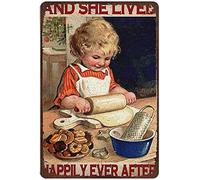 Xiddxu Plaque rétro en métal avec inscription « and She Lived Happily Ever After », « Little Girl in Kitchen » - Décoration murale vintage pour la maison, la cuisine, le café, le bar, la grotte