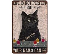 Xiddxu Plaque rétro en métal épais et durable avec inscription « Nail Technician Black Cat Life is Not Perfect » - Décoration murale vintage - 20,3 x 30,5 cm