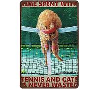 Xiddxu Plaque rétro en métal épais et durable avec inscription « Time Spent with Tennis and Cats is Never Wasted » - Décoration murale vintage - 14 x 20 cm