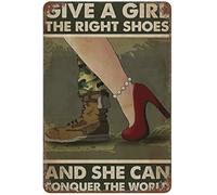 Xiddxu Plaque rétro en métal « Give A Girl The Right Shoes », plaque en étain vétéran, rouge talons hauts, les bonnes chaussures, plaques de décoration murale, décoration murale vintage, 14 x 20 cm
