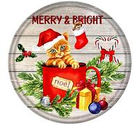 Xiddxu Plaque ronde en métal avec motif chat « Merry Christmas Welcome » - Décoration murale - Décoration murale de chambre - Art rétro - Décoration de maison, bar, maison, garage - 30,5 x 30,5 cm