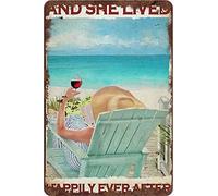 Xiddxu Plaque vintage en métal avec inscription « and She Lived Happily Ever After Book and Wine on Beach » - Décoration murale en aluminium pour maison, café, 14 x 20 cm