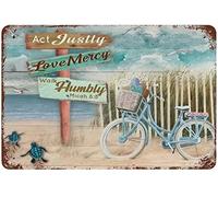 Xiddxu Poster en métal - Plaque en métal rétro « Bicycle and Beach Act Justly Love Mercy Walk Humbly » - Art mural vintage - Décoration murale de jardin, restaurant, café, maison - 14 x 20 cm