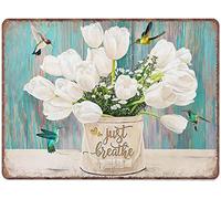 Xiddxu Poster mural vintage en métal « Just Breathe » - Affiche en étain - Motif colibri - Tulipes blanches - Décoration murale rustique - Décoration murale inspirante - 20,3 x 30,5 cm