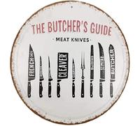 Xiddxu The Butcher's Guide Meat Knives Plaque ronde en métal pour maison et cuisine, barbecue, restaurant, bar, café, garage, décoration murale rétro vintage, diamètre 30,5 x 30,5 cm