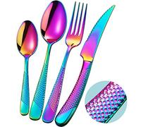 Xideman® couverts de table 24 pieces martelées arc en ciel avec couteau dentelé 2 en 1 ultra tranchant, menagere couleur inox 18/10 pour 6 personnes, set de couvert couteaux, fourchettes, cuillères