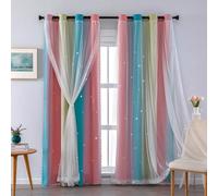 XiDi Rideaux Chambre Enfant, Rideaux Occultants avec Tulle Décoratif, Motifs Étoilés, 132x213 CM(Largeur x Hauteur), Rose/Jaune/Bleu, 2 Pièces