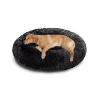 XIEMINLE Coussin rond en peluche anti-anxiété pour chien et chat de taille moyenne et grande - Lavable en machine - Avec fond antidérapant (80 cm, noir)