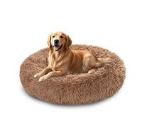 XIEMINLE Coussin rond en peluche auto-chauffant - Lavable en machine - Grand donut - Matelas rond apaisant pour chiot et chiot avec base antidérapante (90 cm, kaki)