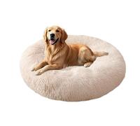 XIEMINLE Coussin rond en peluche auto-chauffant - Lavable en machine - Grand donut - Matelas rond apaisant pour chiot et chiot avec base antidérapante (90 cm, blanc cassé)