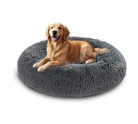 XIEMINLE Coussin rond en peluche auto-chauffant - Lavable en machine - Grand donut - Matelas rond apaisant pour chiot - Avec base antidérapante (110 cm, gris foncé)