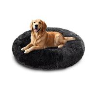 XIEMINLE Coussin rond en peluche auto-chauffant - Lavable en machine - Grand format en forme de beignet - Tapis apaisant pour chiot - Avec base antidérapante (130 cm, noir)