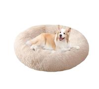 XIEMINLE Coussin rond moelleux anti-anxiété pour chien - Panier chaud en forme de beignet - Lavable en machine - Avec fond antidérapant (90 cm, blanc cassé)