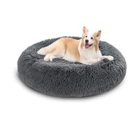 XIEMINLE Coussin rond pelucheux anti-anxiété pour chien - Panier chaud avec fond antidérapant - Lavable en machine - 90 cm - Gris foncé