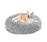 XIEMINLE Coussin rond pelucheux anti-anxiété pour chien - Panier chaud avec fond antidérapant - Lavable en machine - 130 cm - Gris clair