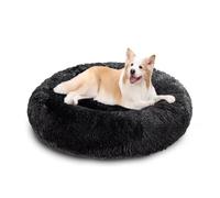 XIEMINLE Coussin rond pelucheux anti-anxiété pour chien - Panier chaud avec fond antidérapant - Lavable en machine - 110 cm - Noir