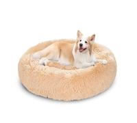 XIEMINLE Coussin rond pelucheux anti-anxiété pour chien - Panier chaud avec fond antidérapant - Lavable en machine - 90 cm - Beige