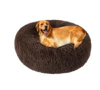 XIEMINLE Grand lit moelleux apaisant en forme de donut pour chien et chat - En peluche chaude - Lavable - Avec fond antidérapant (80 cm, marron)