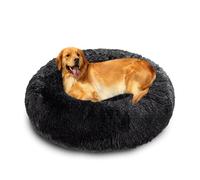 XIEMINLE Grand lit moelleux apaisant en forme de donut pour chien et chat - Matelas rond en peluche chaude et lavable avec fond antidérapant (100 cm, noir)