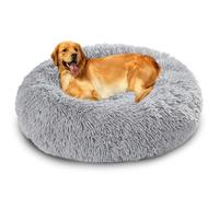 XIEMINLE Grand lit moelleux apaisant en forme de donut pour chien et chat - Matelas rond en peluche chaude et lavable avec fond antidérapant (80 cm, gris clair)