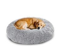 XIEMINLE Grand lit rond apaisant en forme de donut pour chien et chat - Lit anti-anxiété - Doux et lavable - Moelleux et chaud - Avec fond antidérapant (140 cm, gris clair)