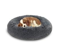 XIEMINLE Grand lit rond en forme de beignet pour chien - Chaud et anti-anxiété - Lavable en machine - Coussin antidérapant pour chiot (150 cm, gris foncé)