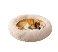 XIEMINLE Grand lit rond en forme de donut apaisant et anti-anxiété pour animal de compagnie - Doux et lavable - Tapis moelleux et chaud avec fond antidérapant (110 cm, blanc cassé)