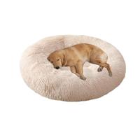 XIEMINLE Grand lit rond pour chien - Lit en peluche auto-chauffant - Doux et moelleux - Lavable - Avec fond antidérapant (140 cm, blanc cassé)