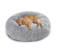 XIEMINLE Grand lit rond pour chien - Lit en peluche auto-chauffant - Doux et moelleux - Lavable - Avec fond antidérapant (140 cm, gris clair)