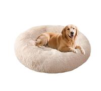 XIEMINLE Lit apaisant en forme de donut pour chien et chat - Lit pelucheux anti-anxiété - Lavable - Coussin rond en peluche pour chat - Matelas chaud avec fond antidérapant (130 cm, blanc cassé)