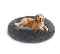 XIEMINLE Lit apaisant en forme de donut pour chien et chat - Lit pelucheux anti-anxiété - Lavable - Coussin rond en peluche pour chat - Matelas chaud avec fond antidérapant (90 cm, gris foncé)