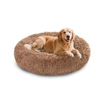 XIEMINLE Lit apaisant en forme de donut pour chien et chat - Lit pelucheux anti-anxiété - Lavable - Coussin rond en peluche pour chat - Matelas chaud avec fond antidérapant (130 cm, kaki)