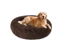 XIEMINLE Lit apaisant en forme de donut pour chien et chat - Lit pelucheux anti-anxiété - Lavable - Coussin rond en peluche pour chat - Matelas chaud avec fond antidérapant (150 cm, marron)