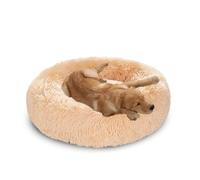 XIEMINLE Lit apaisant pour chiens de taille moyenne et grande - Coussin rond en peluche - Lavable en machine - Tapis chaud avec fond antidérapant (90 cm, beige)