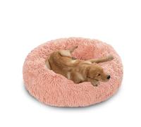 XIEMINLE Lit apaisant pour chiens de taille moyenne et grande - Coussin rond en peluche - Lavable en machine - Tapis chaud avec fond antidérapant (90 cm, rose)