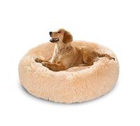 XIEMINLE Lit apaisant rond avec traversin pour chiens de taille moyenne et grande - Coussin orthopédique lavable pour animal domestique - Tapis pelucheux avec base antidérapante (90 cm, beige)