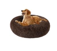 XIEMINLE Lit apaisant rond avec traversin pour chiens de taille moyenne et grande - Coussin orthopédique lavable pour animal de compagnie - Tapis pelucheux avec base antidérapante (110 cm, marron)