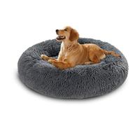 XIEMINLE Lit apaisant rond avec traversin pour chiens de taille moyenne et grande - Coussin orthopédique lavable pour animal domestique - Tapis pelucheux avec base antidérapante (150 cm, gris foncé)