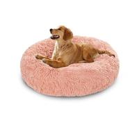 XIEMINLE Lit apaisant rond avec traversin pour chiens de taille moyenne et grande - Coussin orthopédique lavable pour animal de compagnie - Tapis pelucheux avec base antidérapante (130 cm, rose)