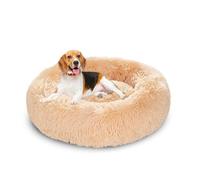 XIEMINLE Lit orthopédique circulaire pour chien - Lit moelleux en peluche anti-anxiété - Chaud - Lavable - Tapis doux en forme de beignet avec fond antidérapant (90 cm, beige)