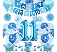 Xietaea Décoration 11e anniversaire garçon bleu - 59 pièces 11e anniversaire ballons Happy Birthday guirlande décoration de gâteau, pompons en papier et ballon chiffre géant pour 11e décoration de