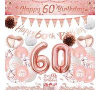 Xietaea Décoration 60e anniversaire femme or rose - 60 ballons décoratifs Happy Birthday Guirlande de gâteau Décoration de gâteau, longue bannière et pompon en papier pour 60e anniversaire Décoration
